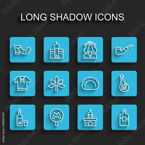 Set line Vodka with pepper and glass, Metro or Underground, Glass vodka, Church building, Bottle of, Chestnut leaf, Bandura and Dumplings icon. Vector