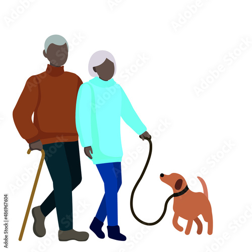 Elderly dark-skinned couple walking the dog, flat vector, isolate on white background, faceless people