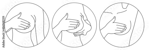 Breast pain illustration set. Part of female torso, woman doing self check of breasts and feeling pain. Self-examination. Tumour or cancer signs. 