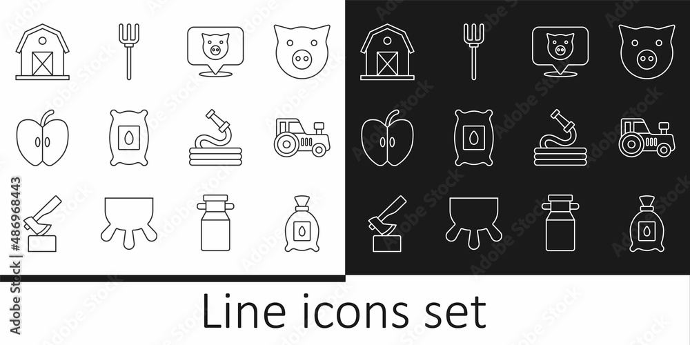 Set line Pack full of seeds of plant, Tractor, Pig, Apple, Farm house, Garden hose and pitchfork icon. Vector