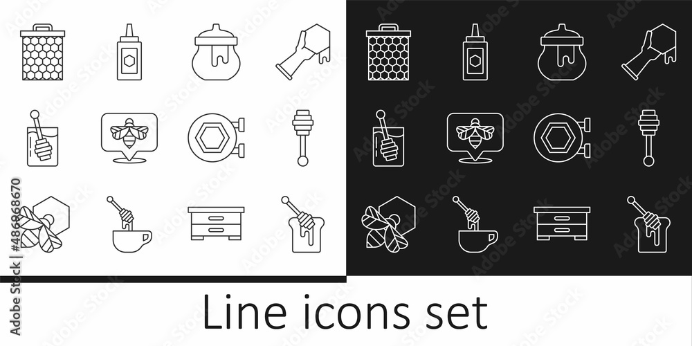 Set line Honey dipper stick with honey, Jar of, Bee, Honeycomb, Hanging sign honeycomb and icon. Vector Set line Honey dipper stick with honey, Jar of, Bee, Honeycomb, Hanging sign honeycomb and icon. Vector