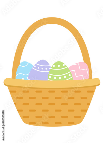 Easter basket with colored eggs on white background.