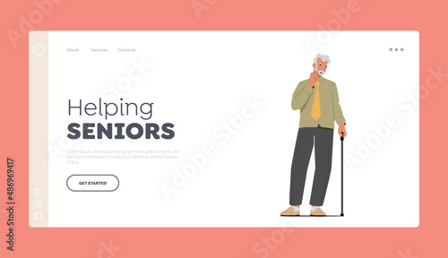 Senior Man with Alzheimer Disease Landing Page Template. Old Grandfather Character with Brain Geriatric Mental Illness