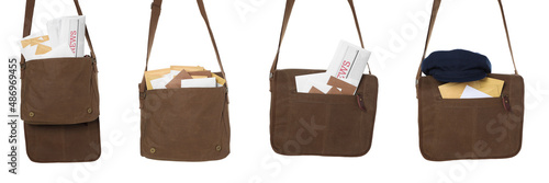 Set with different postman's bags with mails and newspapers on white background. Banner design
