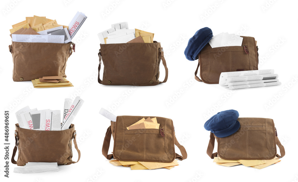 Set with different postman's bags with mails and newspapers on white background Set with different postman's bags with mails and newspapers on white background
