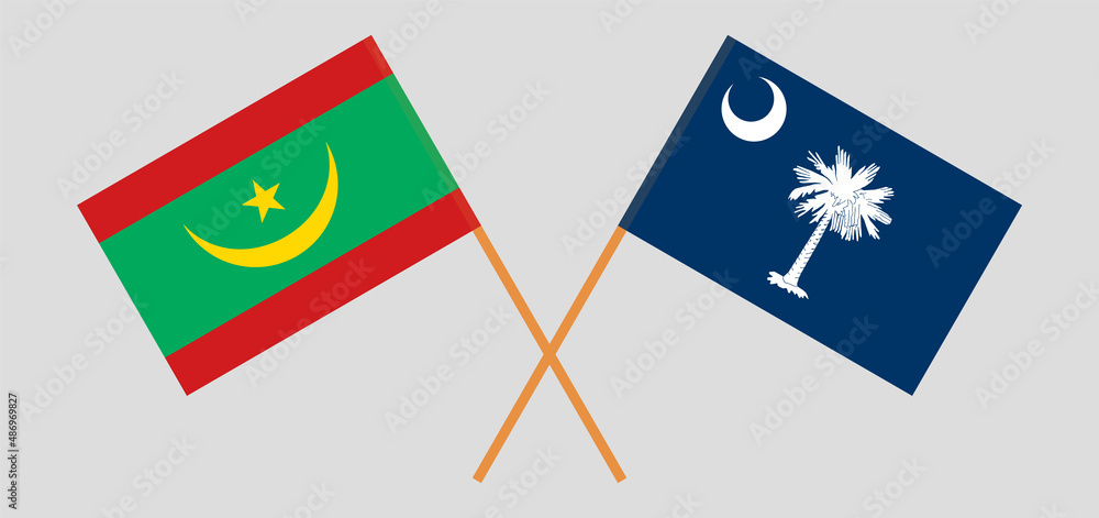 Crossed flags of Mauritania and The State of South Carolina. Official colors. Correct proportion Crossed flags of Mauritania and The State of South Carolina. Official colors. Correct proportion