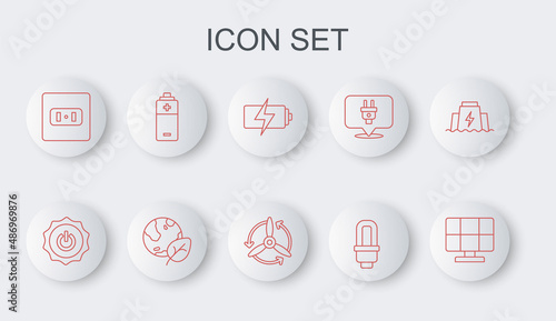 Set line Solar energy panel, Power button, Battery, LED light bulb, Electrical outlet, Earth globe and leaf and Wind turbine icon. Vector