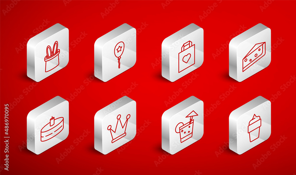 Set line Ice cream in waffle cone, Balloon with ribbon, Shopping bag heart, Piece of cake, Cocktail, Magician hat and rabbit ears, Crown and Cake burning candles icon. Vector Set line Ice cream in waffle cone, Balloon with ribbon, Shopping bag heart, Piece of cake, Cocktail, Magician hat and rabbit ears, Crown and Cake burning candles icon. Vector