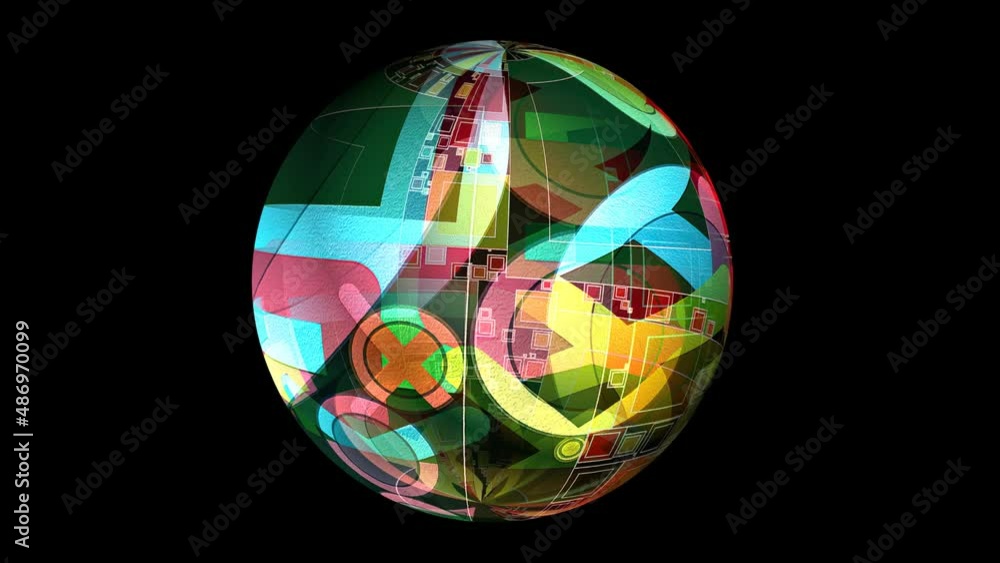 Abstract geometrical shapes and elements on rotating sphere Abstract geometrical shapes and elements on rotating sphere