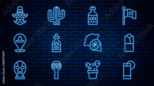 Set line Tequila glass with lemon, Burrito, bottle, Mexican sombrero, man, Lime and Cactus icon. Vector