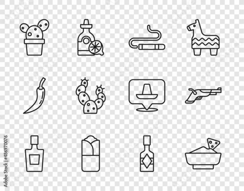Set line Tequila bottle, Nachos in bowl, Cigar, Burrito, Cactus or succulent pot, Tabasco sauce and Vintage pistols icon. Vector