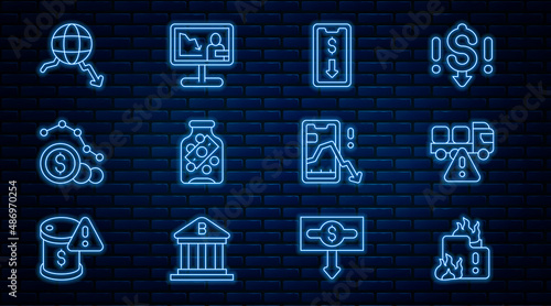 Set line Fire in burning house, Stop delivery cargo truck, Mobile stock trading, Glass money jar with coin, Dollar rate decrease, Global economic crisis, and news icon. Vector