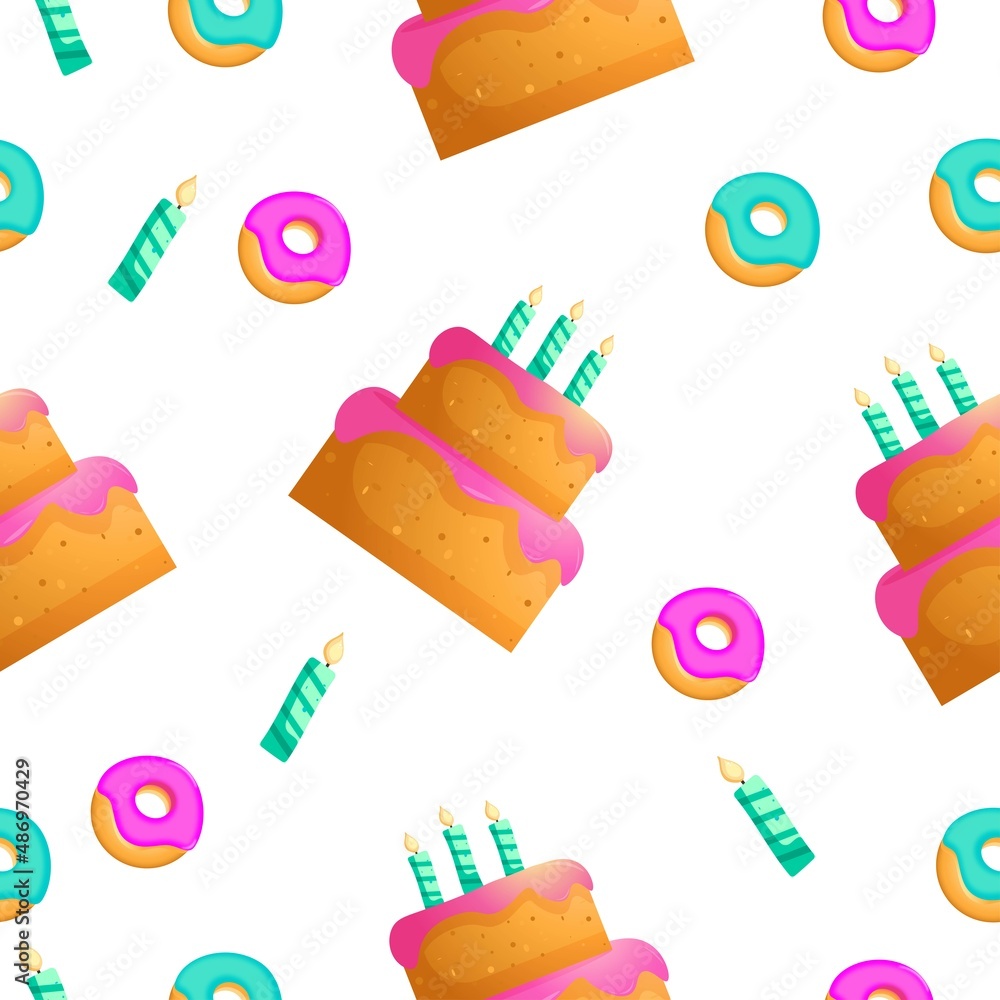 Vector seamless happy birthday pattern. Cake design elements, burning candles, donuts in pink and mint shades. For use scrapbooking, wrapping paper, poster, postcard, background.