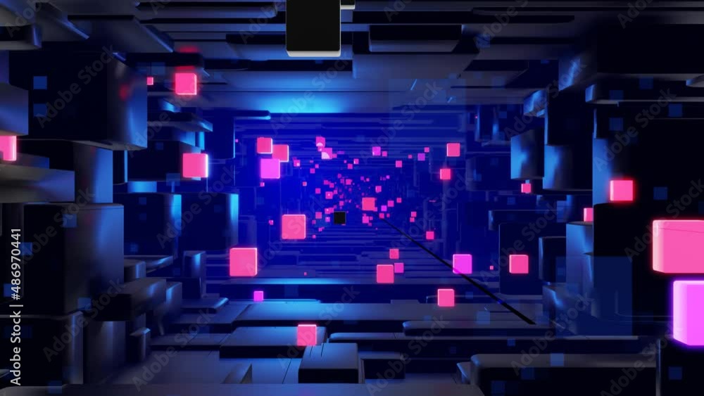 Tunnel with neon light. Sci-fi bg fly through tech digital space. Concept of hi-tech information flow, blockchain. 3d looped bg motion design, cubes and frames, constructions. Dark dynamic bg Tunnel with neon light. Sci-fi bg fly through tech digital space. Concept of hi-tech information flow, blockchain. 3d looped bg motion design, cubes and frames, constructions. Dark dynamic bg