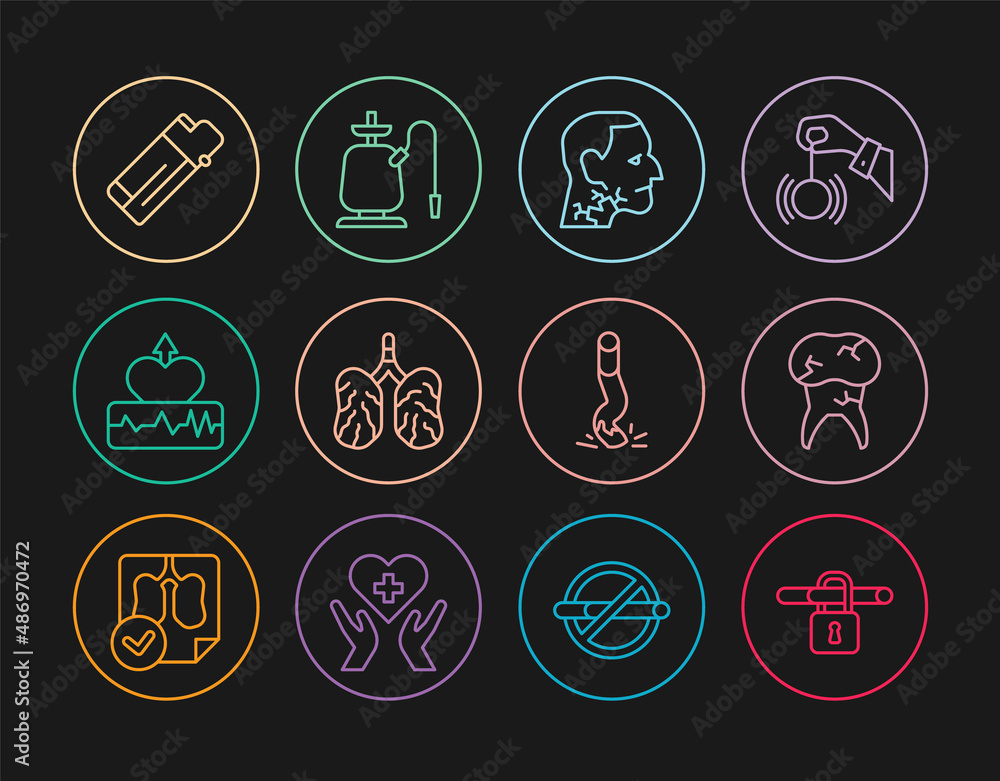 Set line No smoking, Tooth with caries, Throat cancer, Disease lungs, Heartbeat increase, Lighter, Cigarette butt and Hookah icon. Vector Set line No smoking, Tooth with caries, Throat cancer, Disease lungs, Heartbeat increase, Lighter, Cigarette butt and Hookah icon. Vector