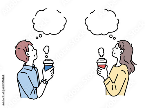 コーヒーを飲む男女のイラスト(一息、休憩、休日、朝、考え事、リラックス、くつろぐ、おうち時間) Illustration of a man and a woman drinking coffee.Take a rest, rest, holidays, mornings, thoughts, relaxation.
