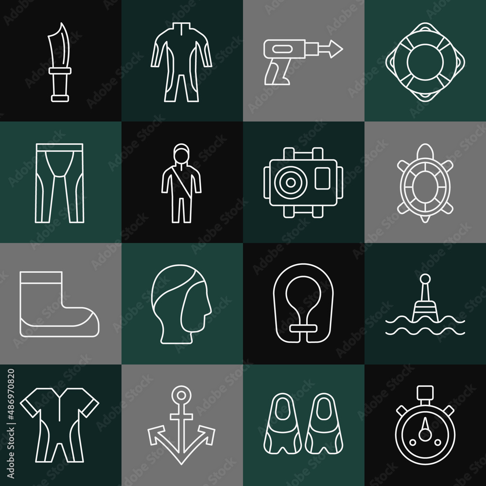Set line Stopwatch, Floating buoy, Turtle, Fishing harpoon, Wetsuit for scuba diving, Diving knife and Photo camera diver icon. Vector Set line Stopwatch, Floating buoy, Turtle, Fishing harpoon, Wetsuit for scuba diving, Diving knife and Photo camera diver icon. Vector