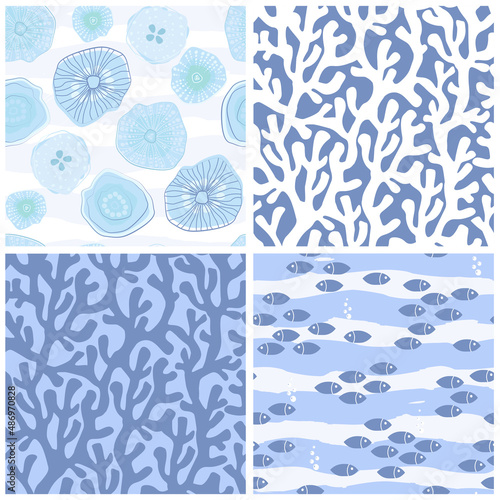 A set of seamless patterns on a marine ornament. Print with the image of fish, jellyfish, coral, shells, simple shapes. Vector graphics.