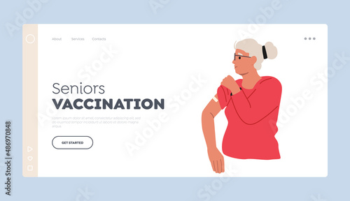 Seniors Vaccination Landing Page Template. Grey Haired Lady Touch Shoulder after Vaccination. Old Character Health Care