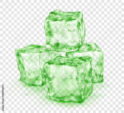 Group of realistic translucent ice cubes in green color, with shadow, isolated on transparent background. Transparency only in vector format