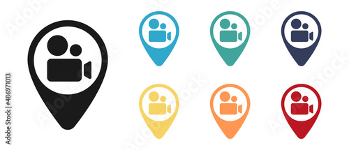 Video camera icon. Map label. Interface element to illustrate mobile concepts and web applications. Thin glyph icon for website design and development, app development. Illustration