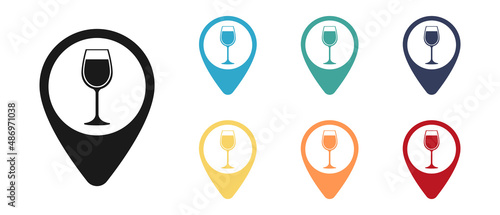 Flat pointers for drinks, label on the map. Set of multicolored icons. Illustration