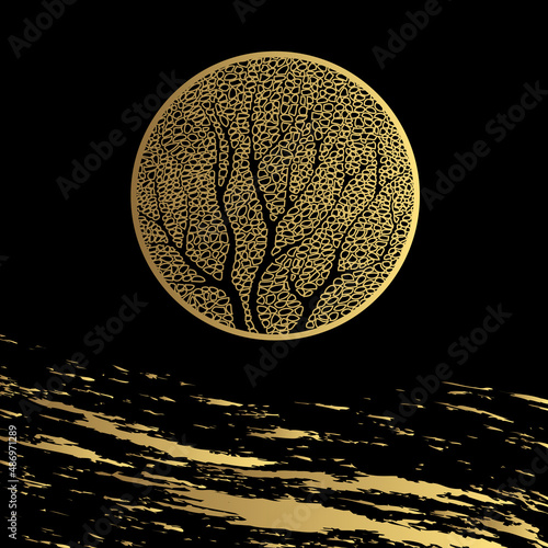 Création artistique abstraite or sur fond noir sur le thème de la nature avec une lune où apparait à sa surface un arbre de vie.