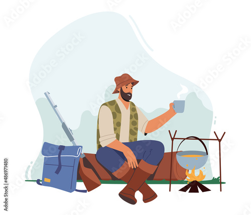 Hunter Relax in Camp, Man with Rifle Sit on Log Drinking Tea and Cooking Food. Hunting Hobby, Sport, Outdoor Activity