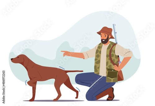 Hunter with Rifle and Dog Hunting in Forest, Summertime Hobby, Sport or Outdoor Activity, Character Wear Camouflage