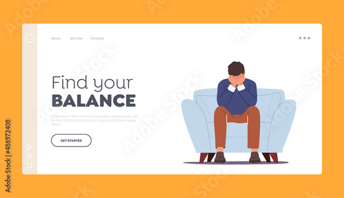 Sad Male Character Landing Page Template. Anxious Man Sitting on Sofa Cover Face with Hands, Crying, Feel Frustrated