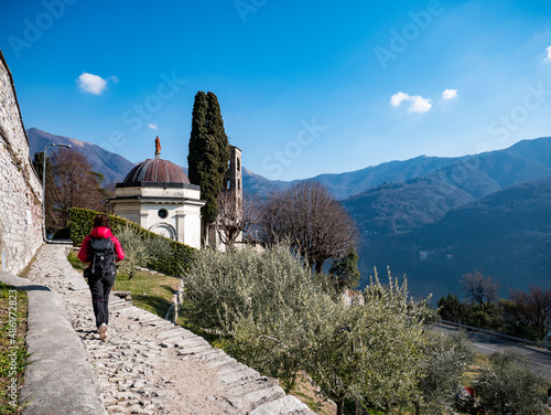 Trekking scene on the Greenway of Lake Como photo