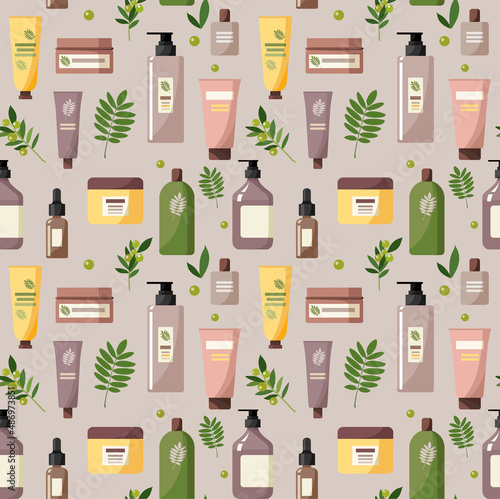 Seamless pattern of organic cosmetics. Bottles, boxes, tubes, dispensers, olive tree branches, leaves, olives. Template with elegant design for packaging. Stock vector illustration in flat style.
