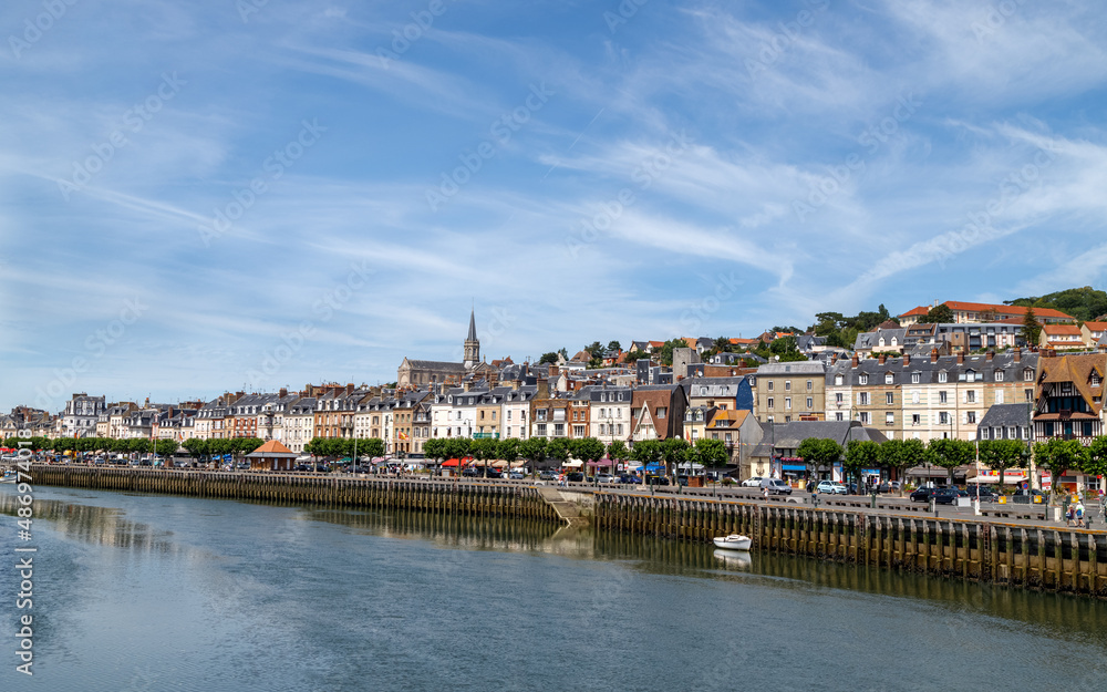 City skyline of Trouville, panoramic view over the Touques river from Deauville, Normandy, France. 