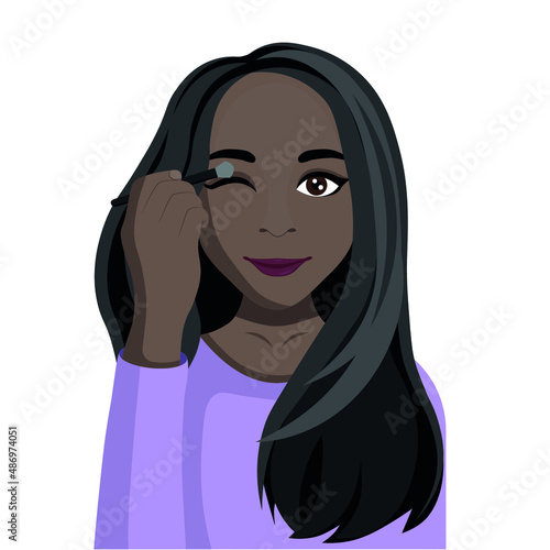 Portrait of a beautiful cartoon dark-skinned girl who applies shadows with a brush, make-up, flat vector, isolated on a white background, opinion leader, blogger