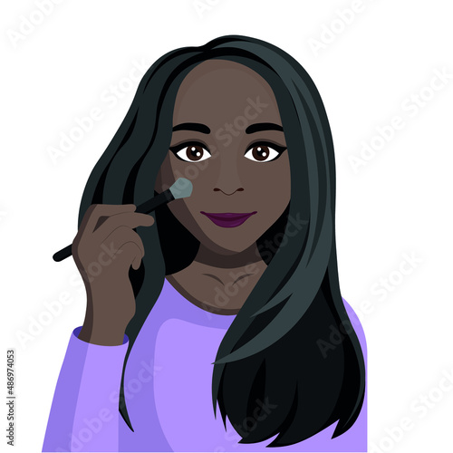 Portrait of a dark-skinned girl who applies powder on her face with a brush, make-up, flat vector, isolate on a white background, opinion leader