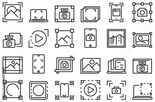 Screenshot icons set outline vector. Take app. Button camera