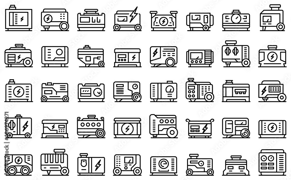 Power generator icons set outline vector. Electric engine. Diesel power - obrazy, fototapety, plakaty 