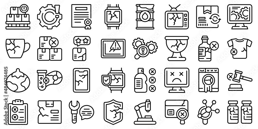 Defective product icons set outline vector. Container defect. Analysis certification