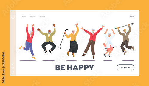 Aged Happy Male and Female Characters Jump and Laugh Landing Page Template. Senior People Jumping with Raised Hands