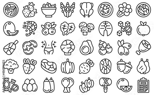 Paleo diet icons set outline vector. Seafood diet. Gluten health