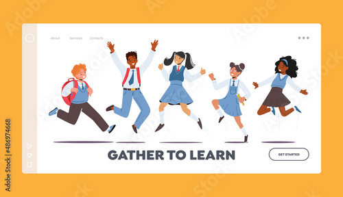 Happy Kids in School Uniform with Backpacks Jumping Landing Page Template. Schoolboys and Schoolgirls Laughing