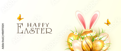 Golden Easter Eggs and Rabbit on White Background