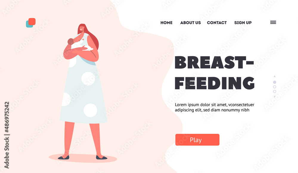 Breastfeeding Landing Page Template. Young Female Character Feeding Baby with Breast, Healthy Natural Nutrition for Child