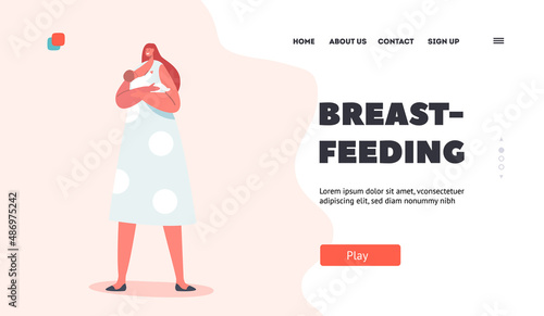 Breastfeeding Landing Page Template. Young Female Character Feeding Baby with Breast, Healthy Natural Nutrition for Child