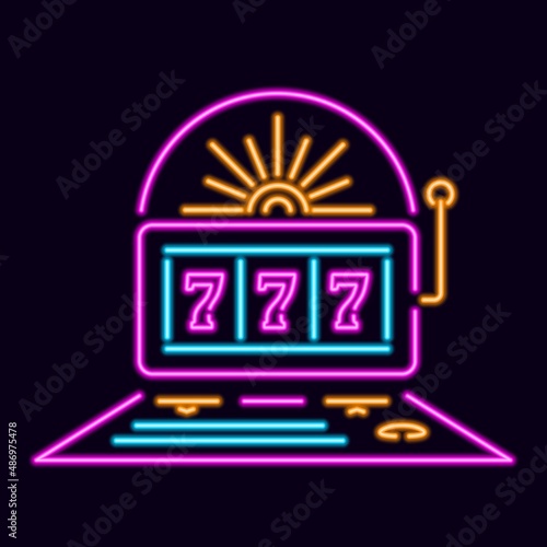 Gaming neon machine. Purple gambler with luminous lines and three sevens. Yellow starter stick with flaming sun stripes and vector switches.