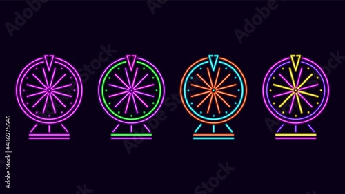 Neon wheels of fortune. Glowing purple roulette wheel for random gambling win and vector lucky jackpot