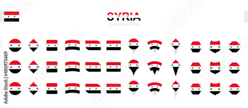 Large collection of Syria flags of various shapes and effects.