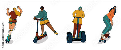 A set of girls on personal transport. Girls ride a skateboard. Girls ride roller skates. Girls ride a scooter and electric transport - a gyro scooter. Active leisure