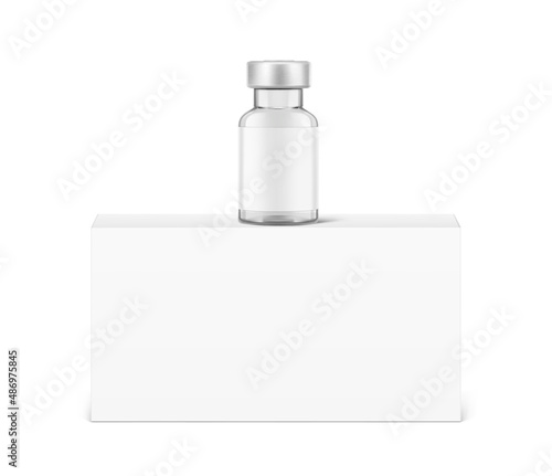 Transparent glass bottles for injections mockup on the cardboard box. Vector illustration. Can be use for medicine, cosmetic and other. EPS10.	