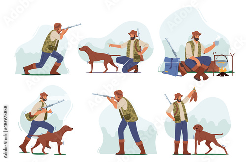 Set of Hunters, Man Shoot with Rifle, Relax in Camp, Run with Dog Hunting, Summertime Hobby, Sport or Outdoor Activity